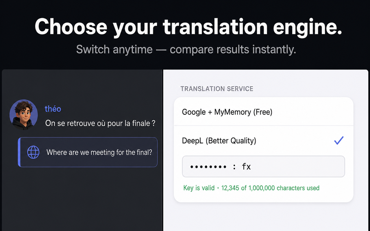 Translation engine settings with DeepL